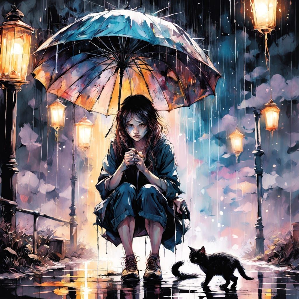 Japanese Schoolgirl Feeds Kitten in Whimsical Watercolor Ill...