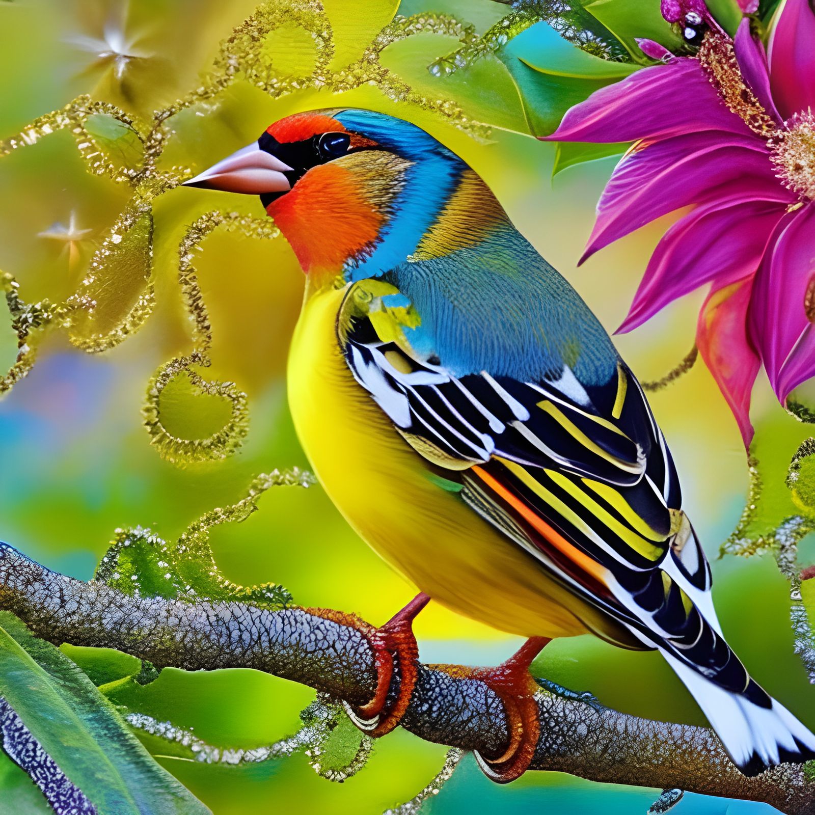 Vibrant Gold Finch Fairytale Illustration