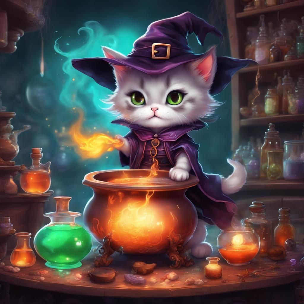 Chibi Kitten Witch Hosts Enchanted Potion Party