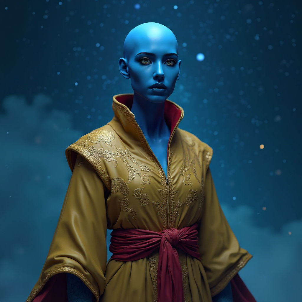 Slender Blue Woman in Golden Robes in Starry Sky