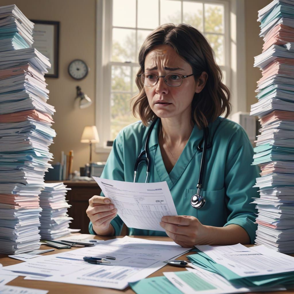 Person Overwhelmed by Medical Bills in Realistic Digital Art