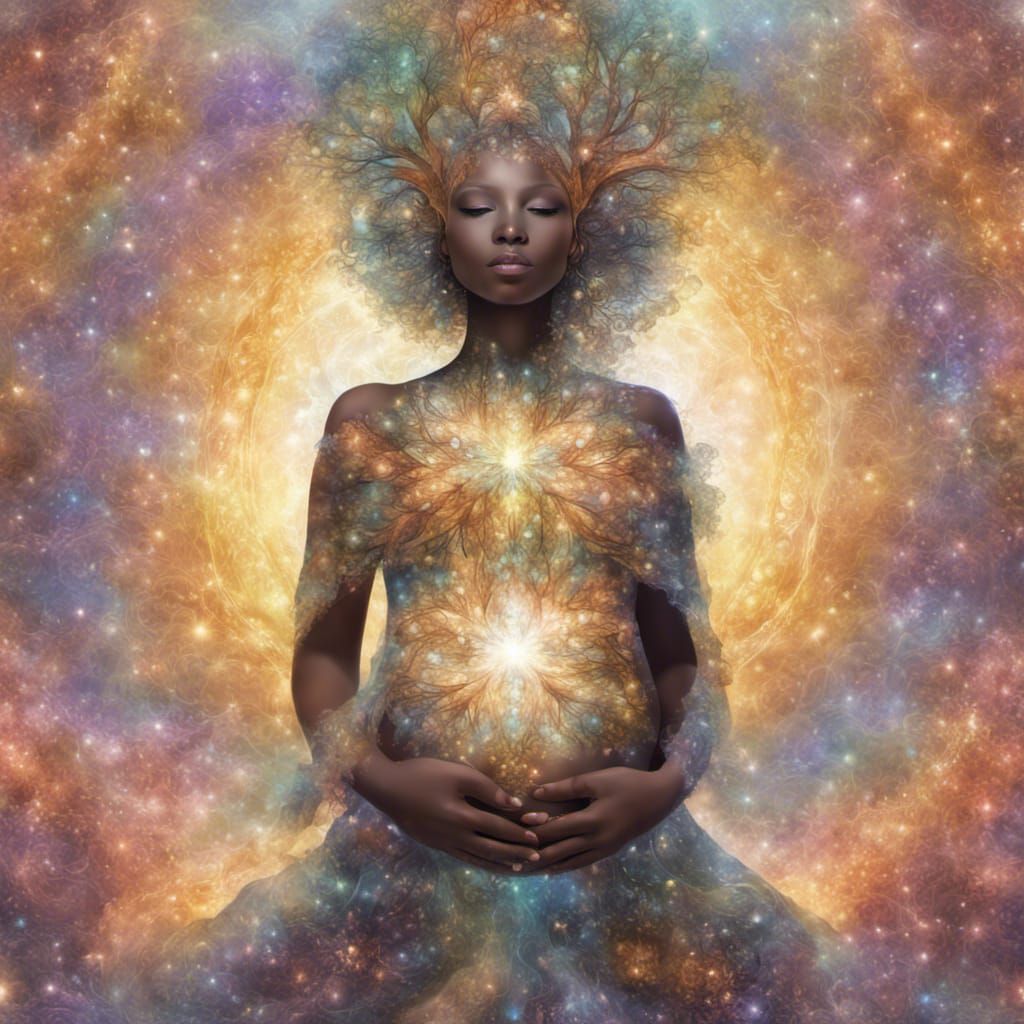 Pregnant Nymph Goddess with Fractal Tree in Watercolor