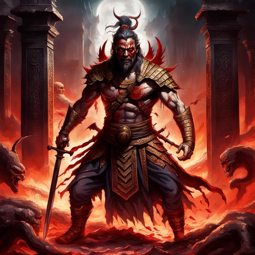 Wounded Warrior in Hell Temple: Dark Fantasy Art