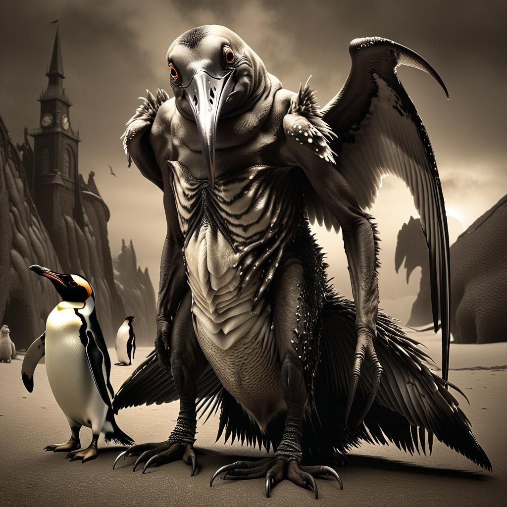 Grotesque Daemon and Penguin in Sepia Photograph