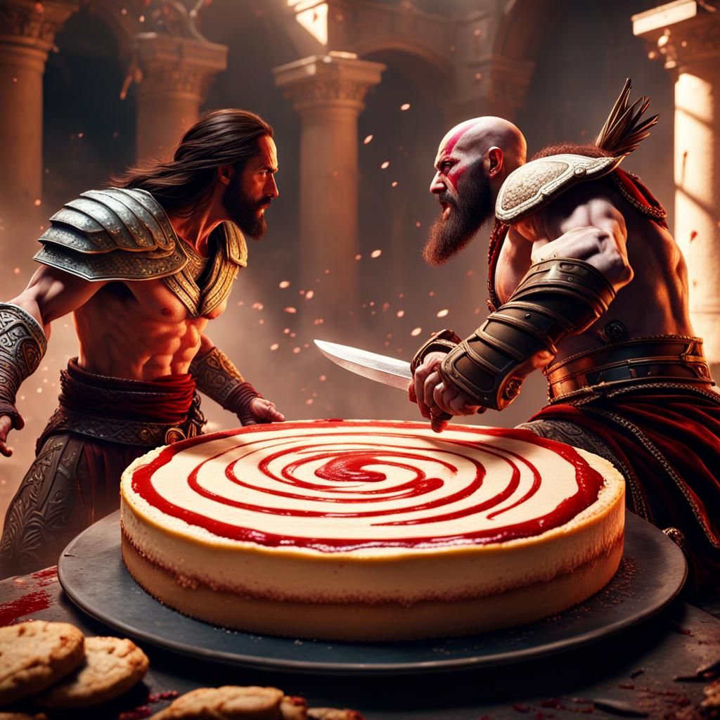 Jesus vs Kratos in Cheesecake Factory: Fantasy Concept Art