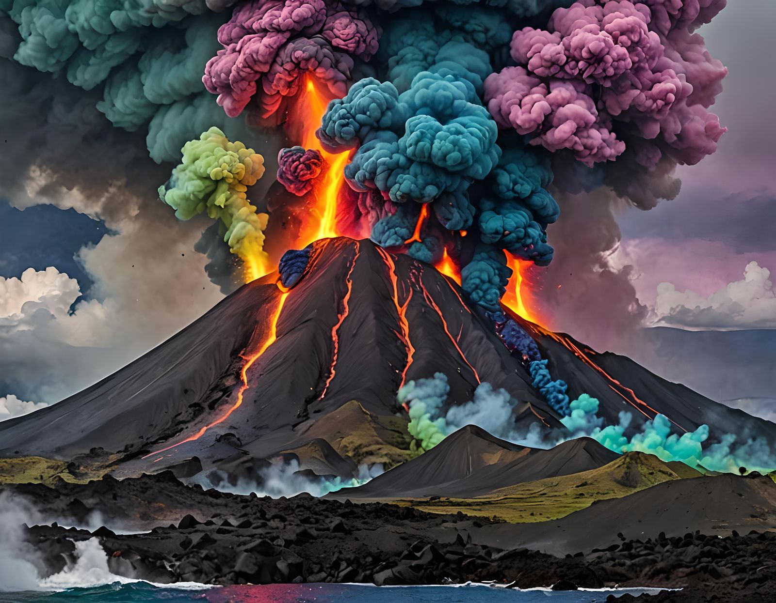 Volcanic Island Eruption with Blue Lava