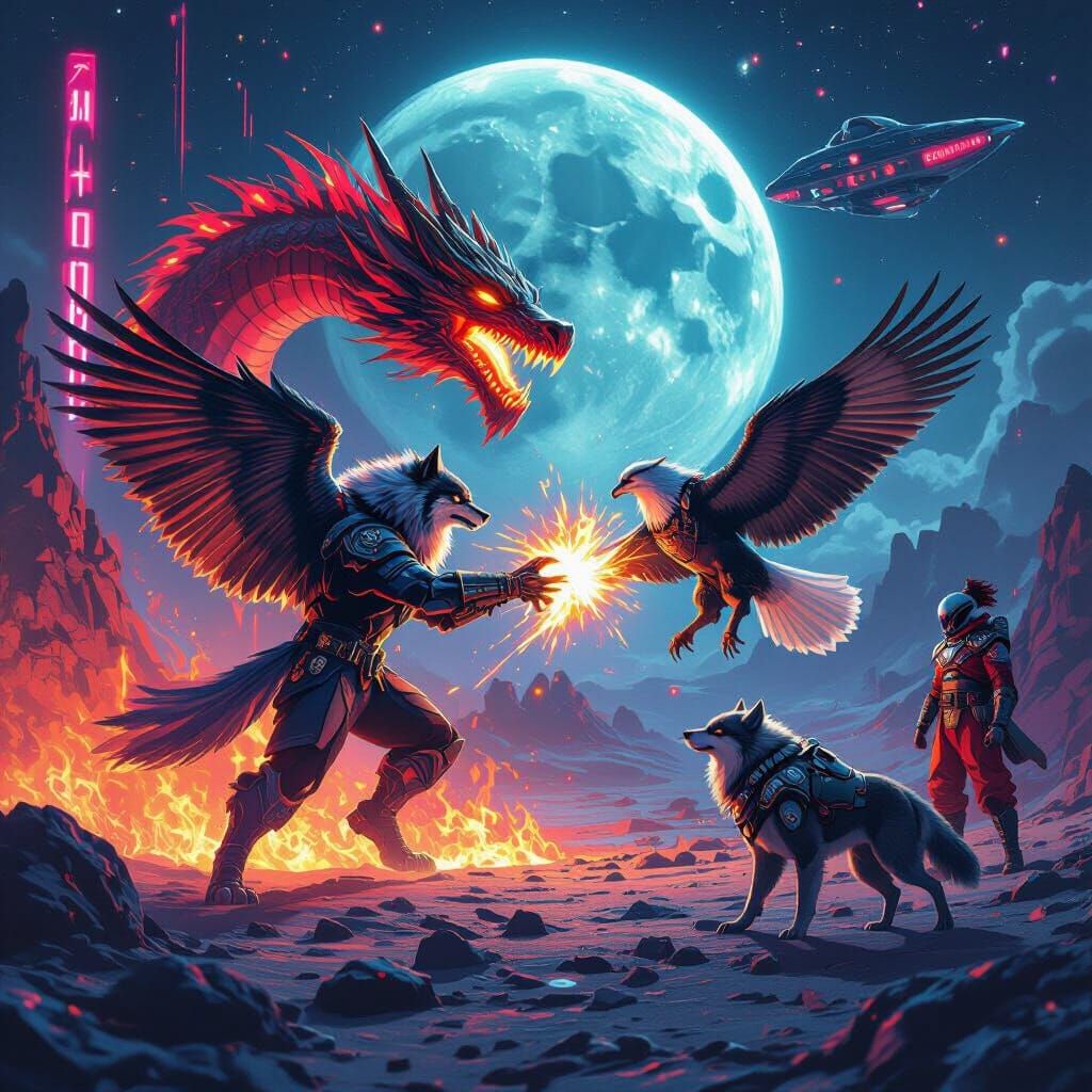 Wolf-Eagle Hybrid Battles Dragon on Moon in Synthwave Style