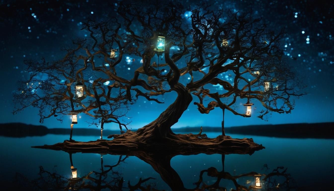 Surreal Tree with Galaxy Leaves Reflecting in Lake