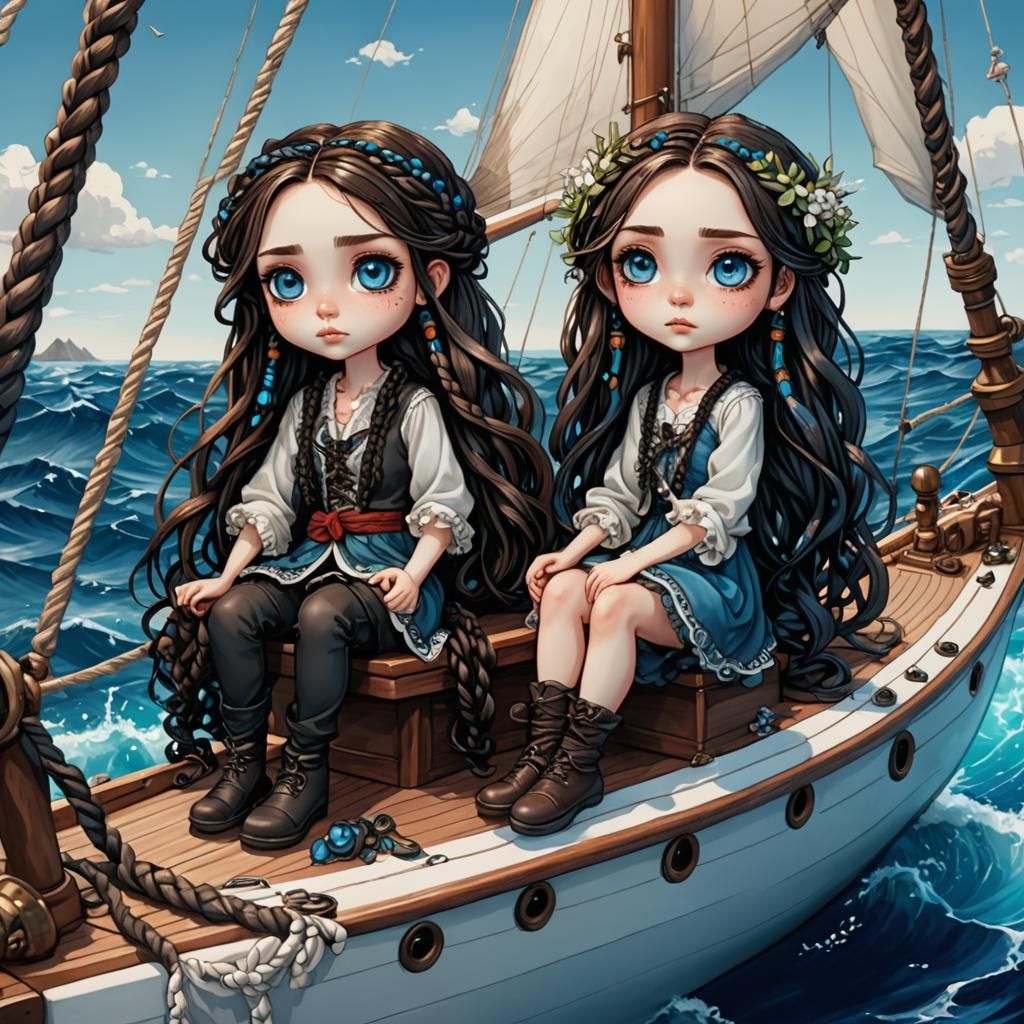 Chibi Sisters on Sailboat, Burton-esque Style