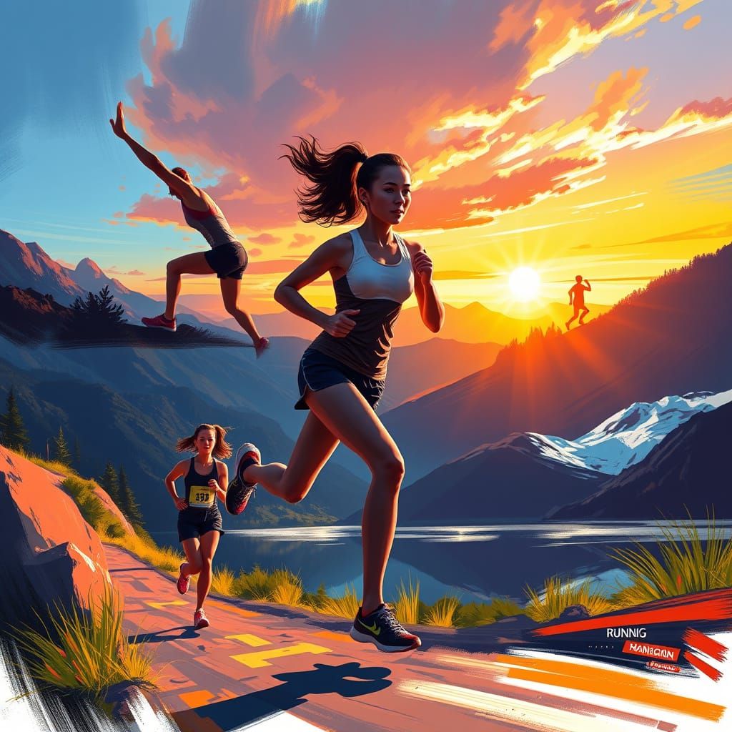 Woman Training for Long Distance Running in Digital Painting...