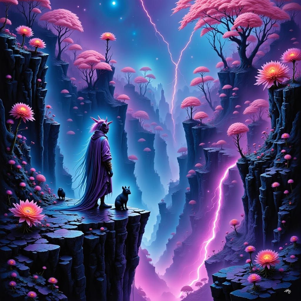 warrior stands on a precipice overlooking a neon-lit chasm, ...