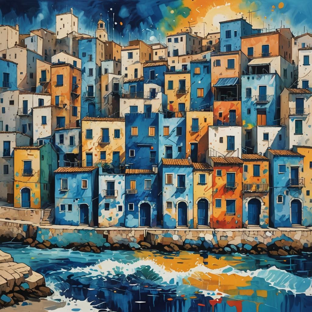 a landscape of Puglia near the sea, indigo dye graffiti art, splash art, street art, spray paint, oil gouache melting, a...