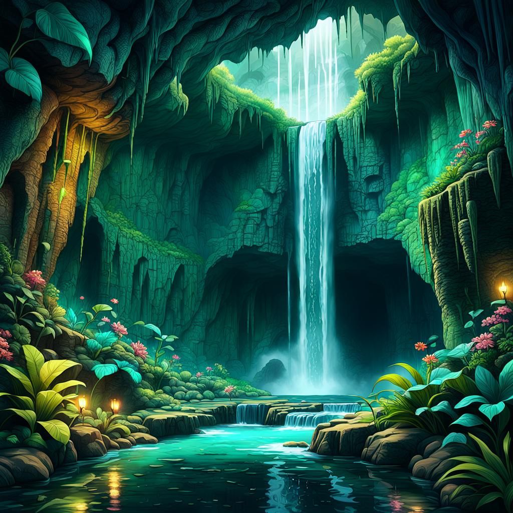 Lively Cave System with Waterfall on Artstation