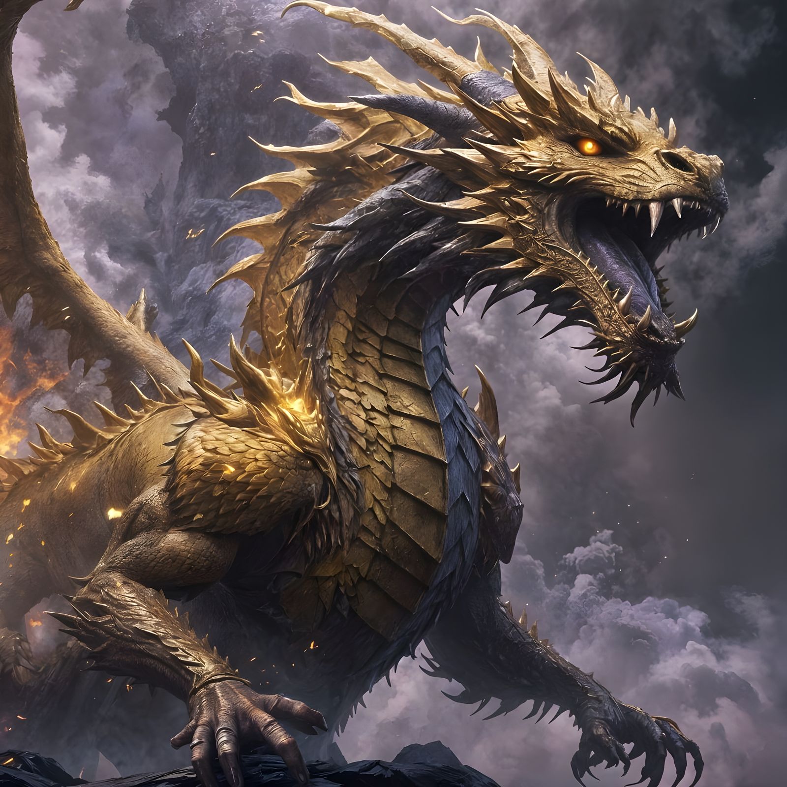 Golden Dragon Emerges from Mist: Dark Fantasy Art