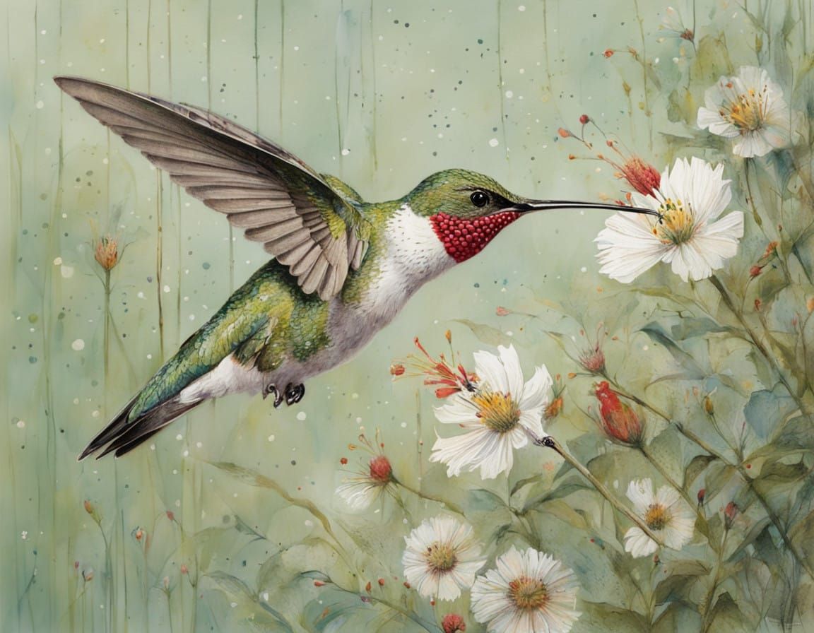 Glowing Ruby-Throated Hummingbird Amidst Vibrant Floral Sple...