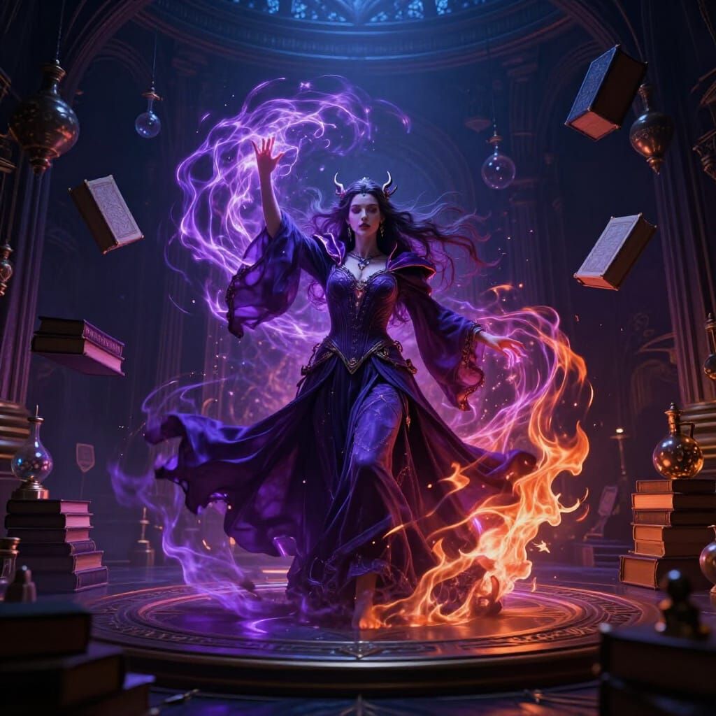 Sorceress Conjures Tempestuous Arcane Energy in Shadowed Cha...