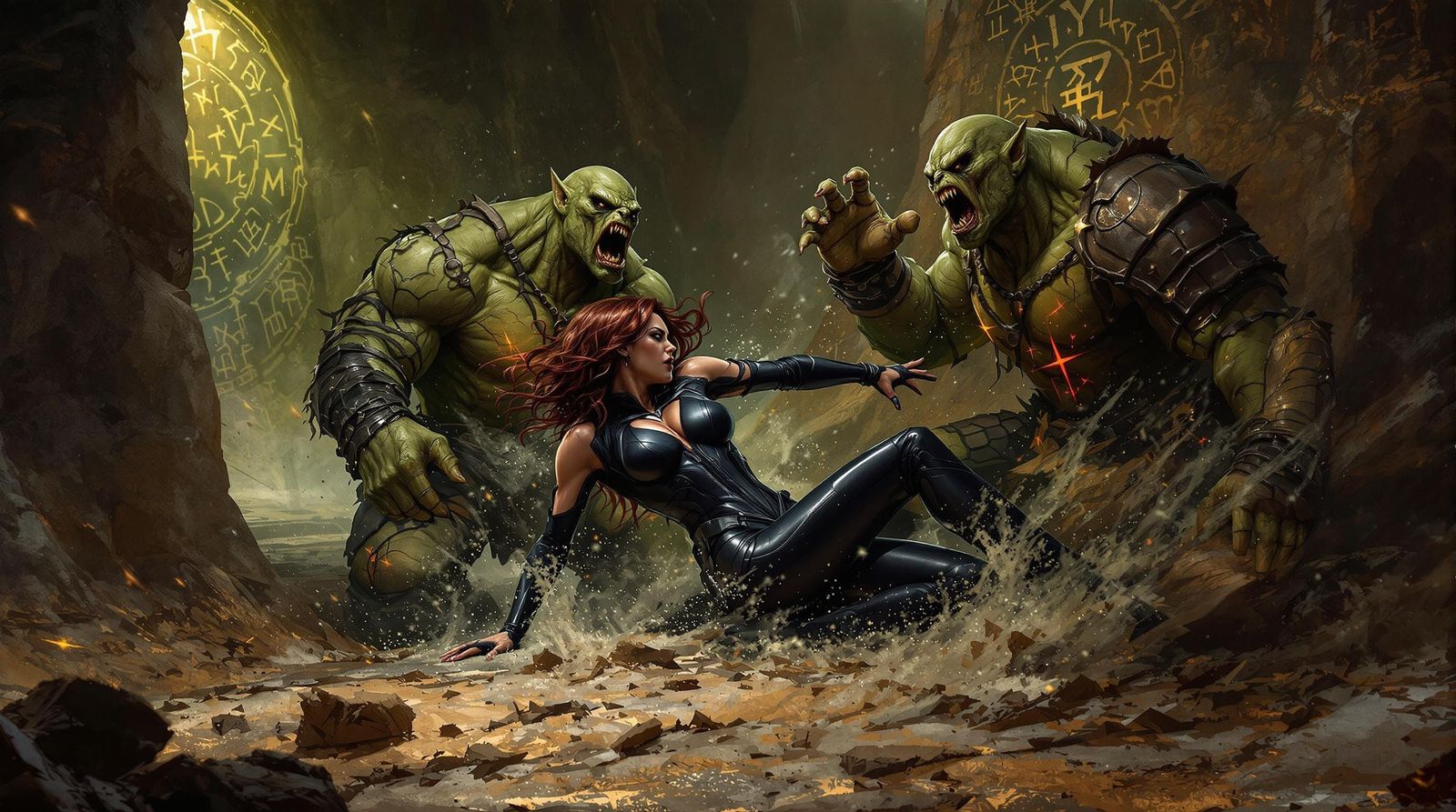 Dark Fantasy Battle: Black Widow vs Orcs in Ancient Ruins