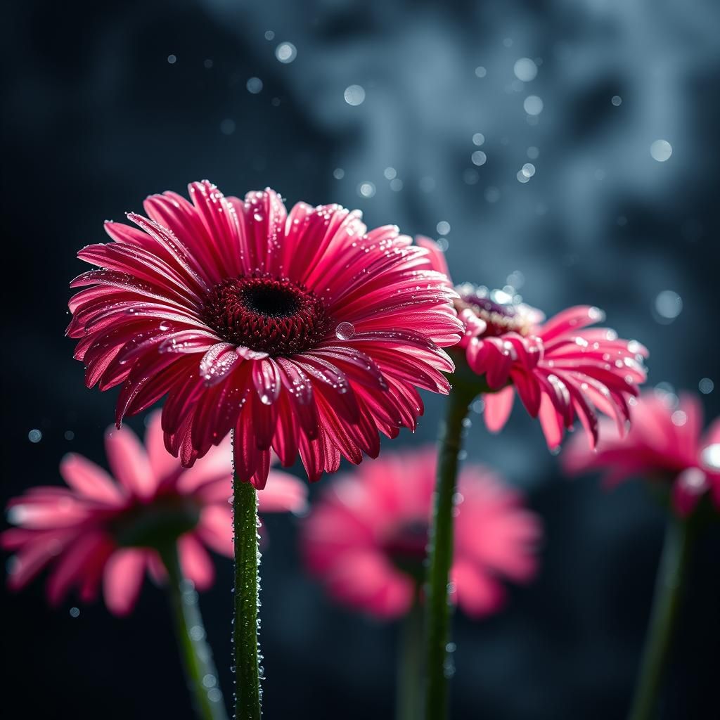 Glass Gerbera Flowers with Dew and Glowing Mist