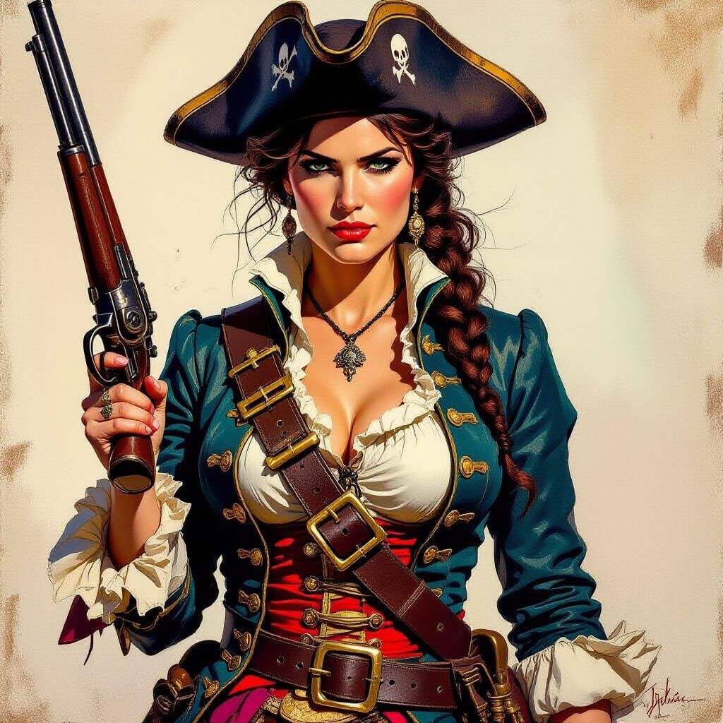 Fierce Lady Pirate with Musket in Gouache Style