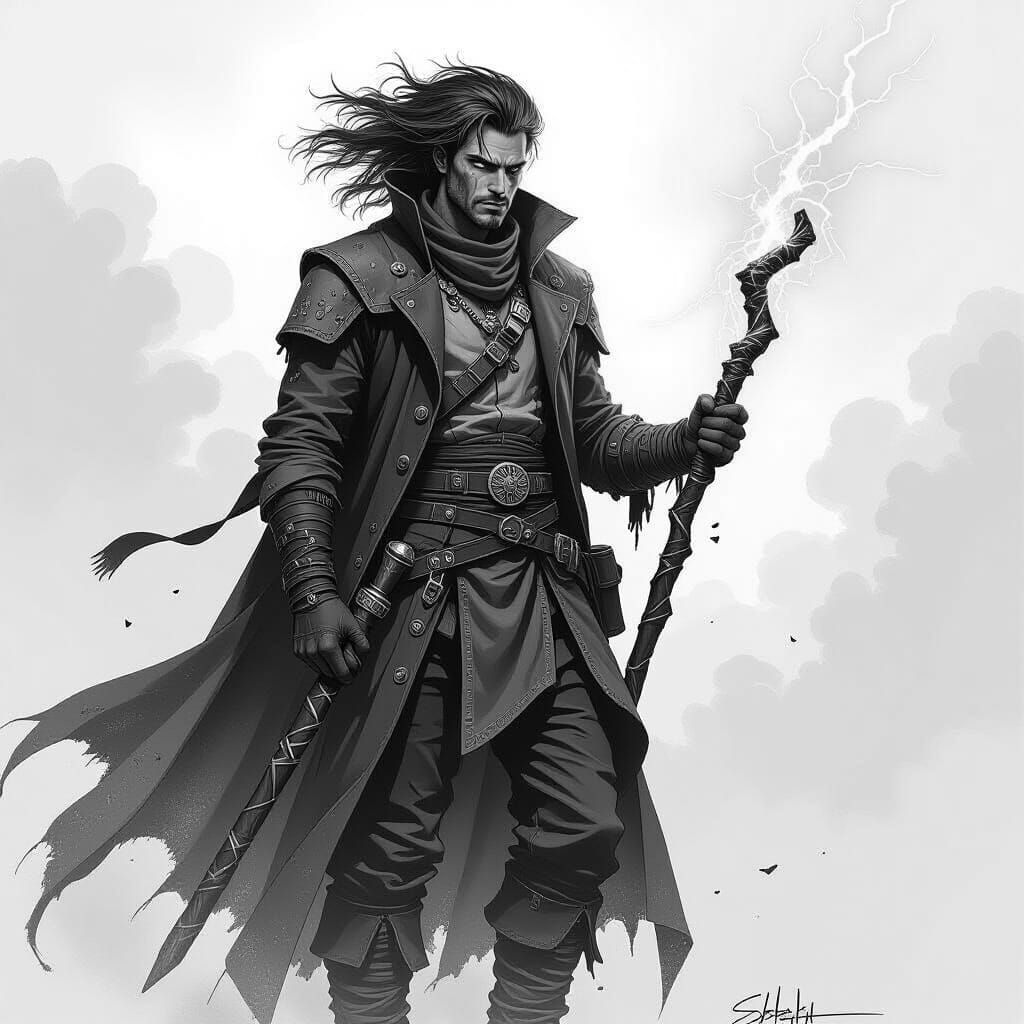 Storm Sorcerer with Lightning Rod: Charcoal Drawing