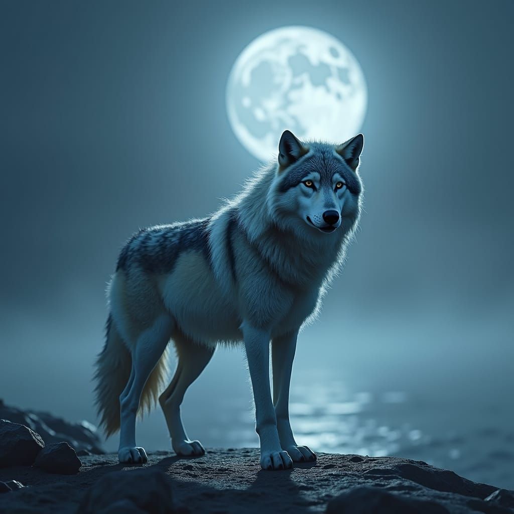 Wolf at Moonlit Ocean Edge in Dreamlike Style