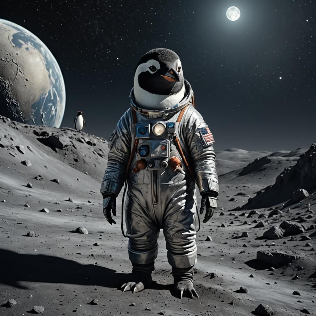 Penguin Astronaut on the Moon in Hyper-Realistic Style