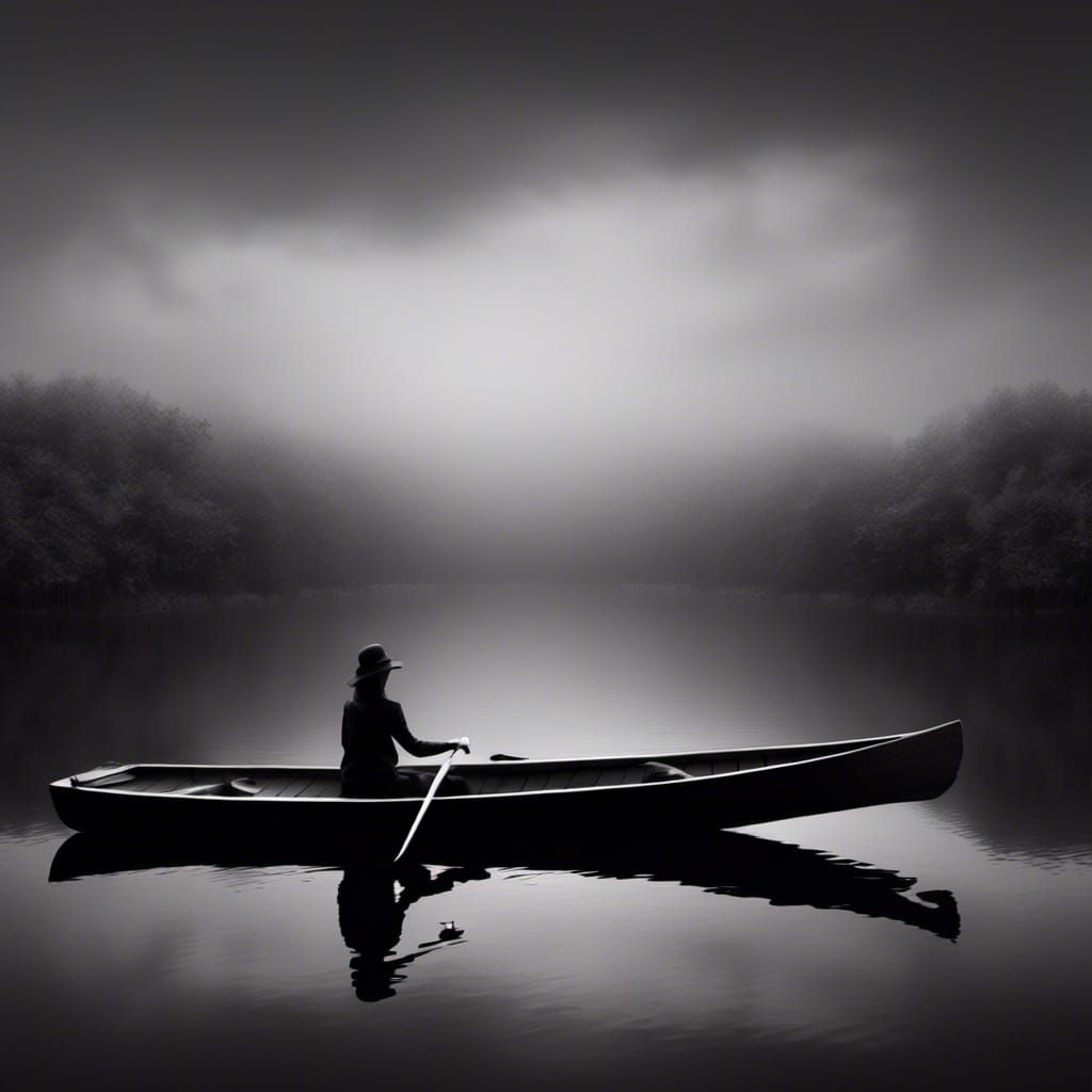 Monochrome Woman in Rowing Boat on Dark Water