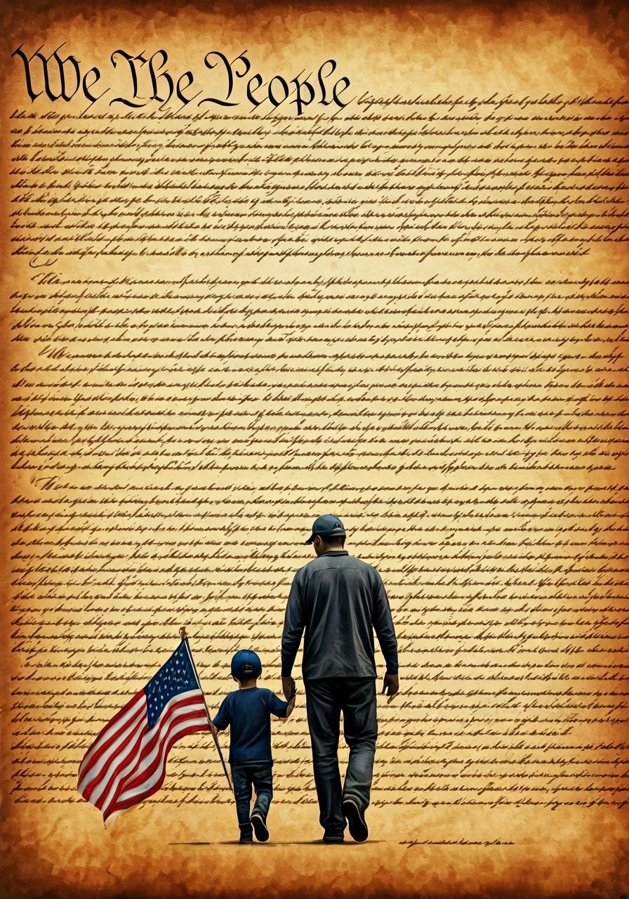 Father and Son with US Constitution and Flag