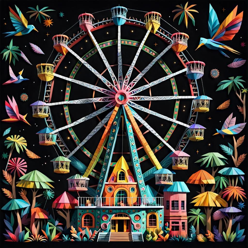 Colorful Paper Ferris Wheel Folk Art Illustration