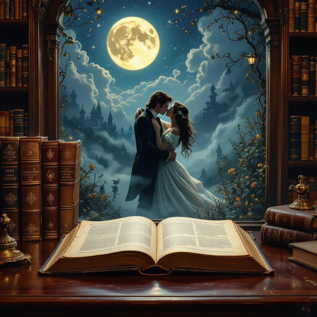 Romantic Fairytale Book Illustration Under Moonlight