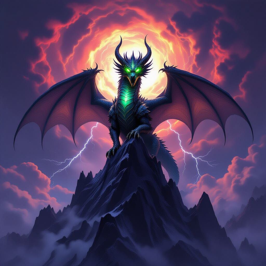 Colossal Dragon on Obsidian Peak in Cosmic Vortex