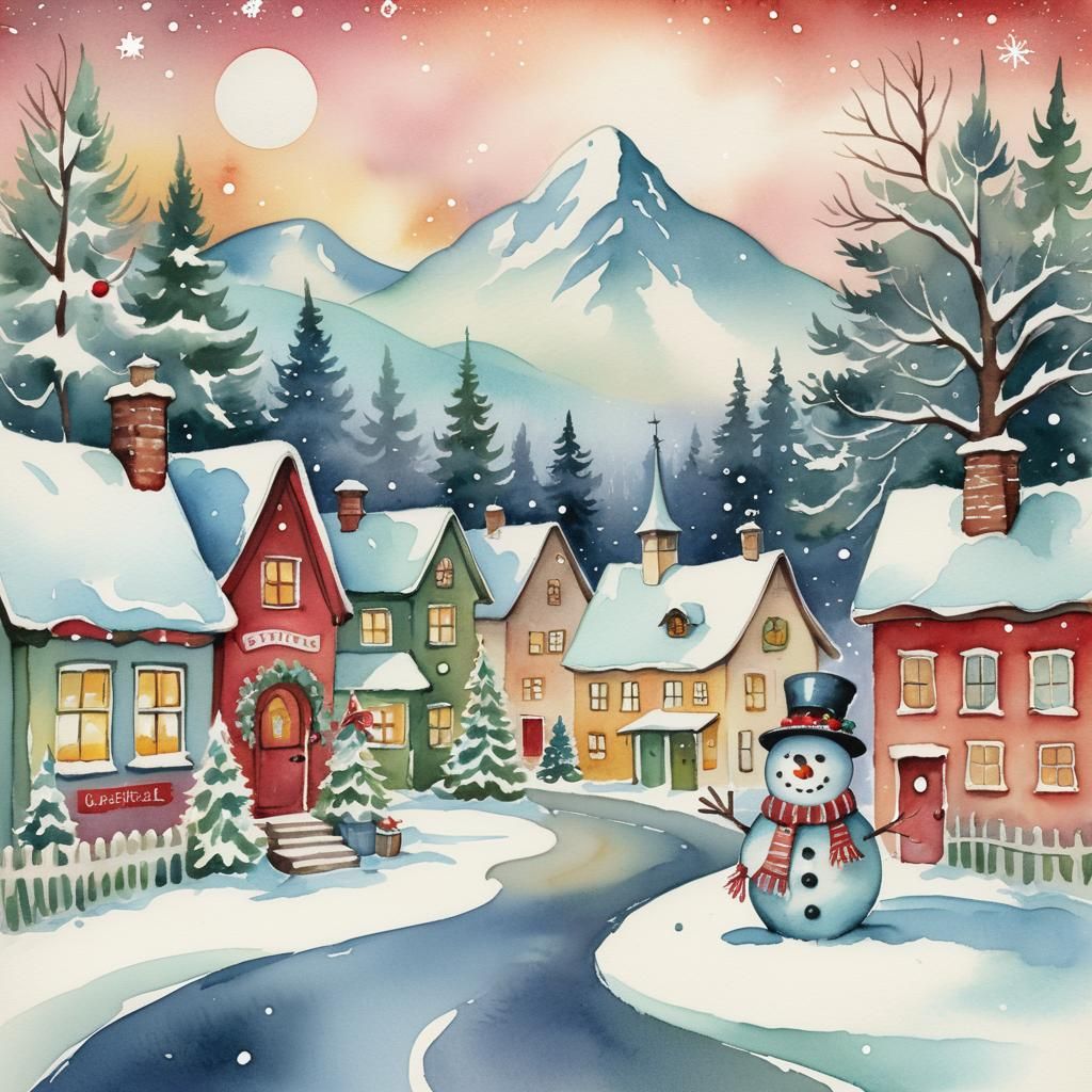 Vintage Christmas Postcard of Snowman in Watercolor Style