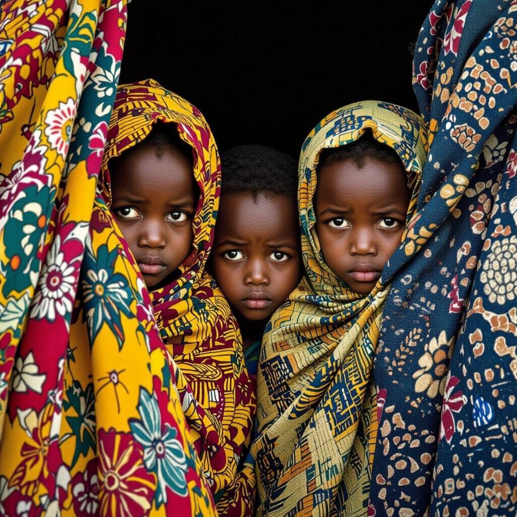 Frightened Children in African Village, Traditional Art