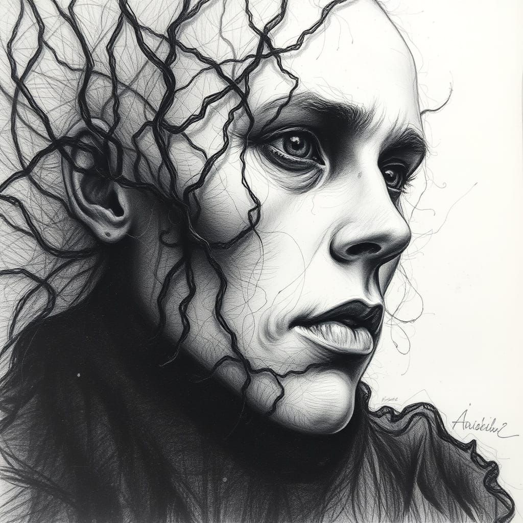 Detailed Charcoal Drawing in Surrealist Style