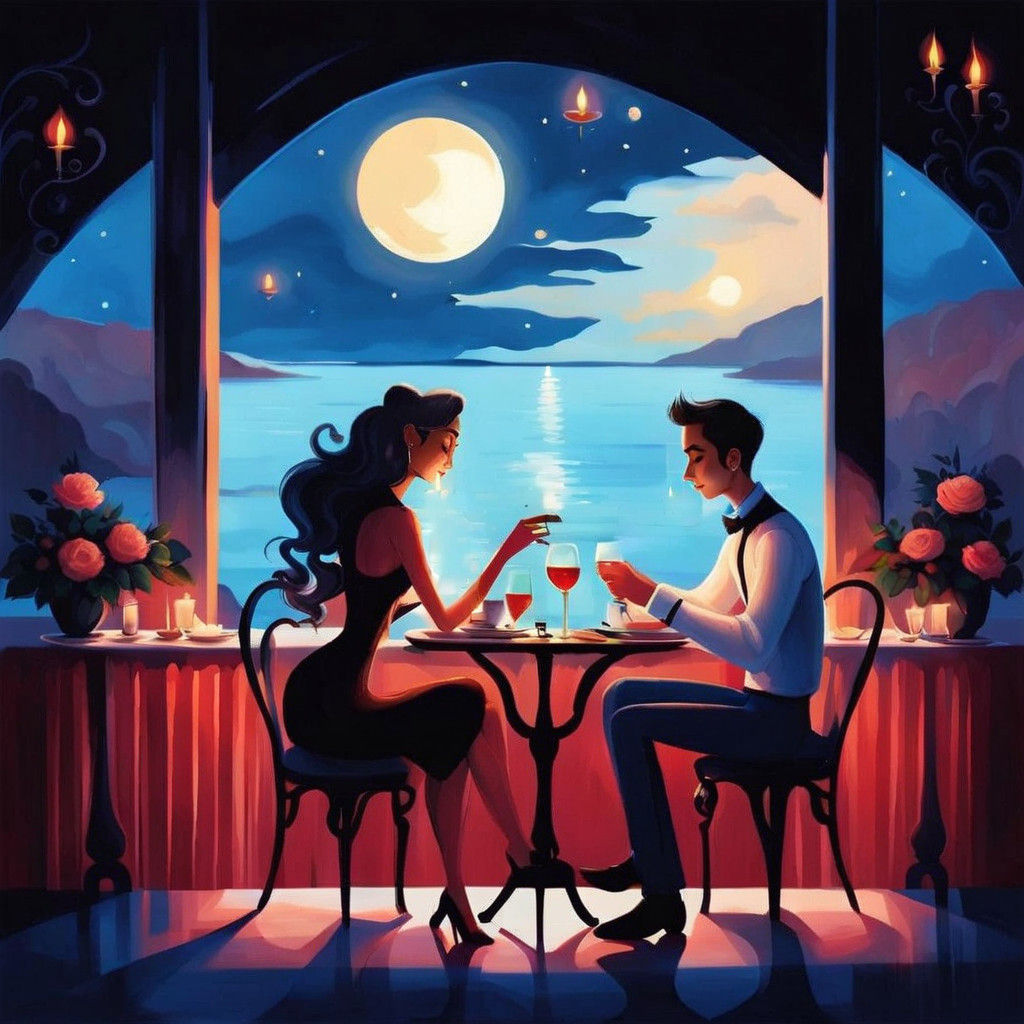 Romantic Night Café Scene in Pop Surrealism Style