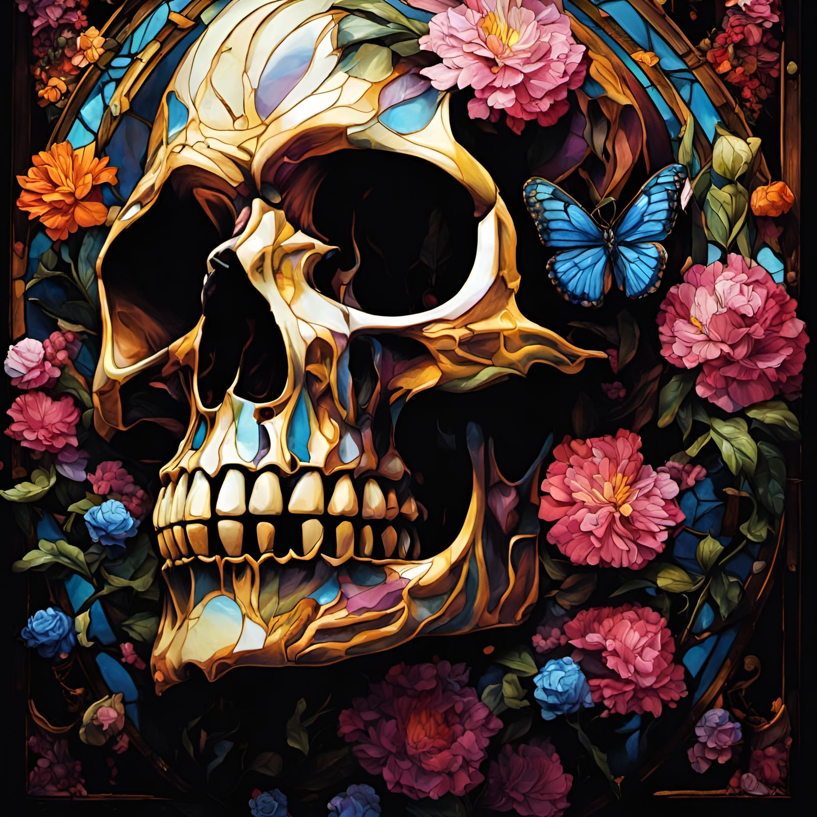 Stained Glass Floral Skull in Borderlands Style