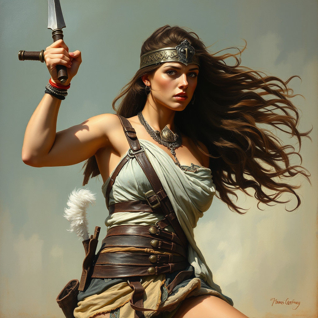 Brave Female Warrior in Oil Paint Style