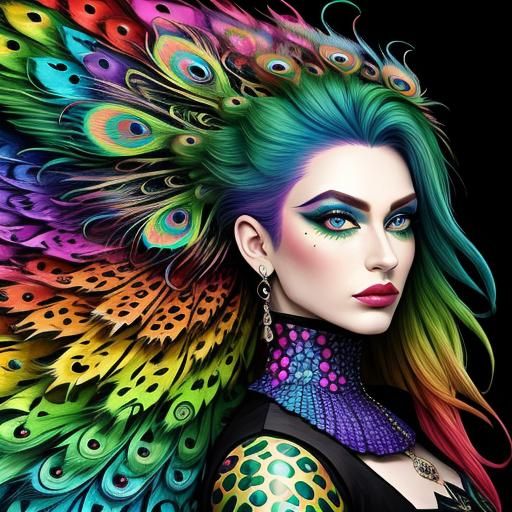 Abstract Woman with Dragon Scales and Peacock Hair