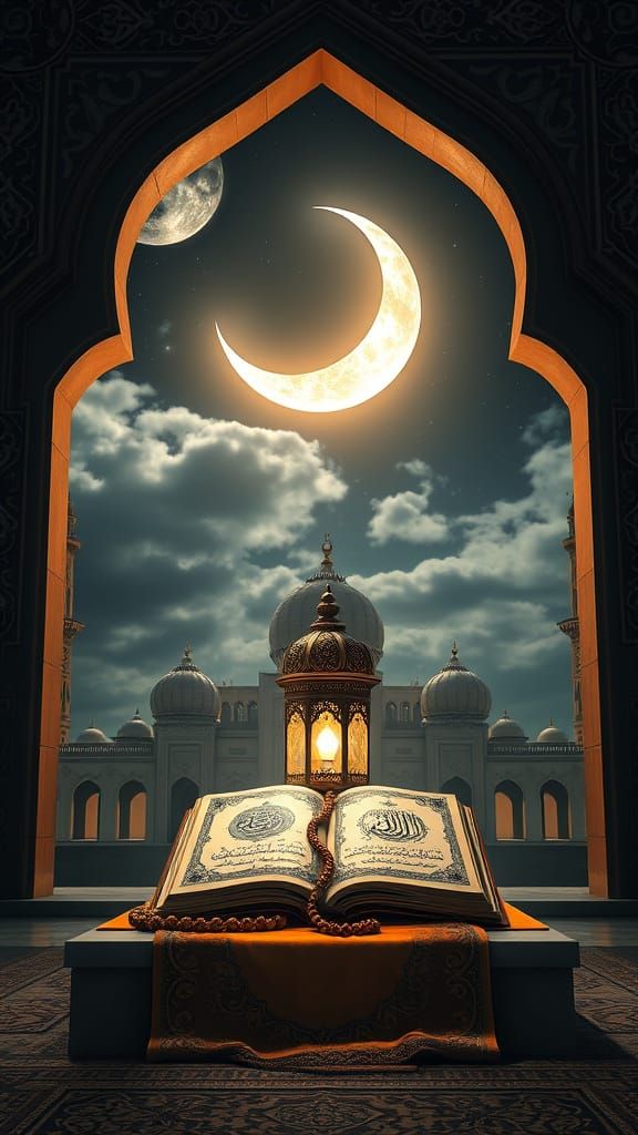 Majestic Ramadan Crescent Moon in Islamic Architecture