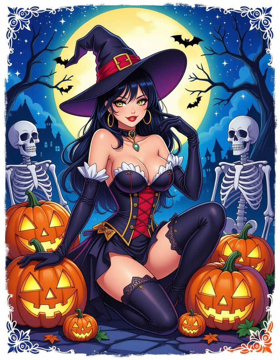 Halloween Pin-Up Witch Among Pumpkins