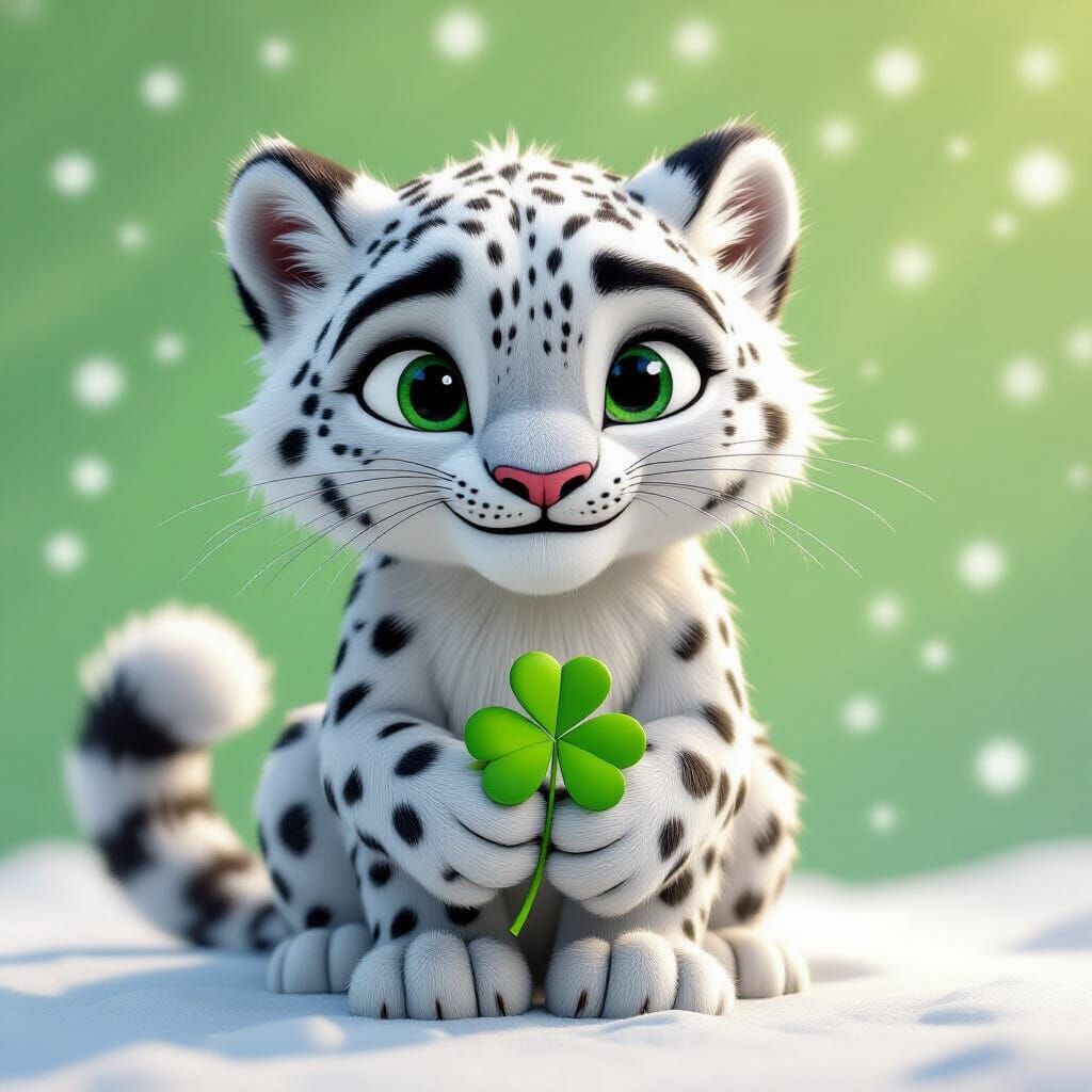 Snow Leopard With Shamrock in Pixar Style
