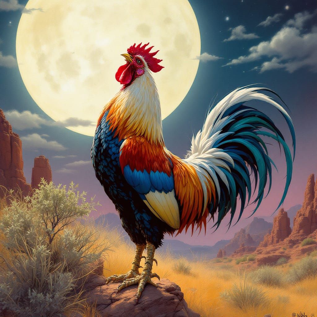 Rooster Crowing at Moon on Western Plateau in Vallejo/Soraya...