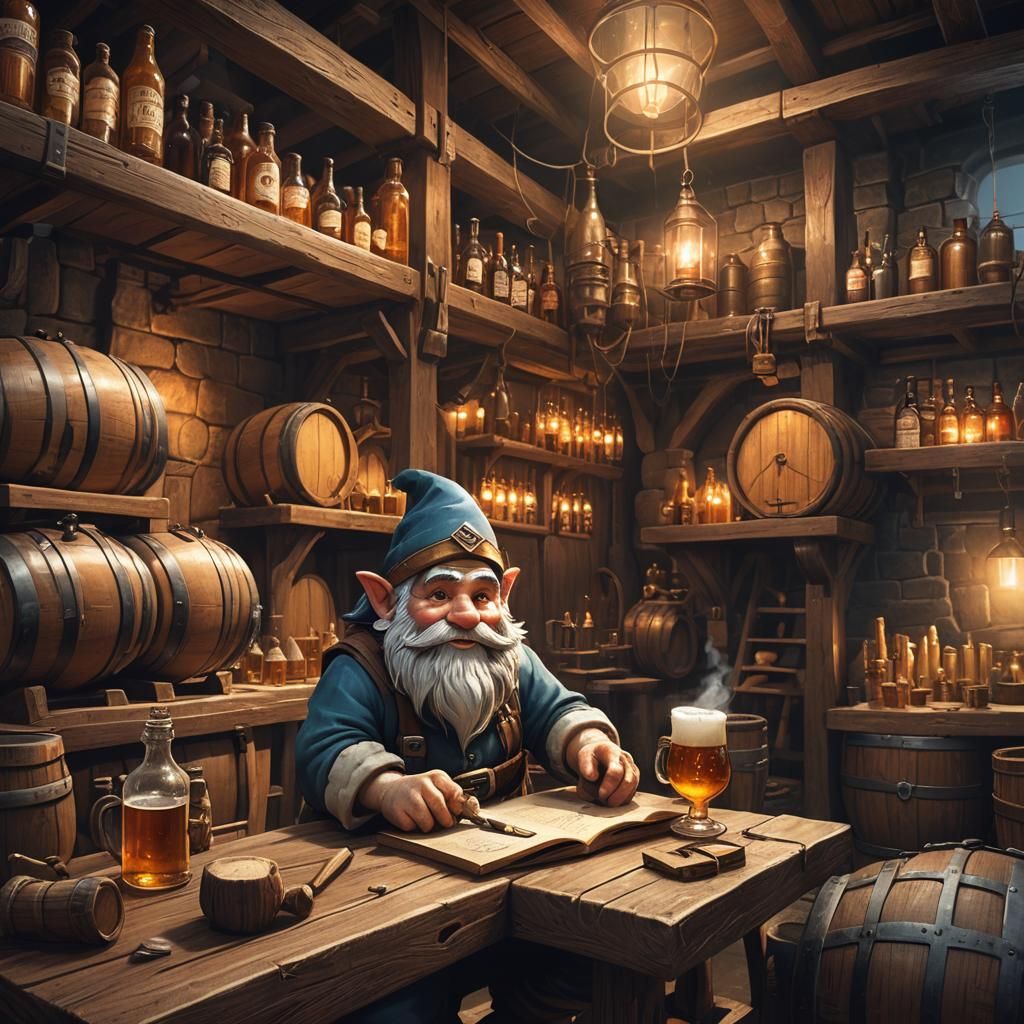 Gnome in Dimly Lit Beer Distillery: Fantasy Art