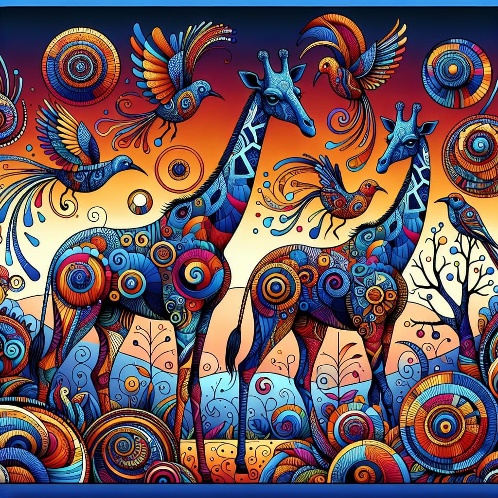 Vibrant Giraffe Encounter in Whimsical, Abstract Style