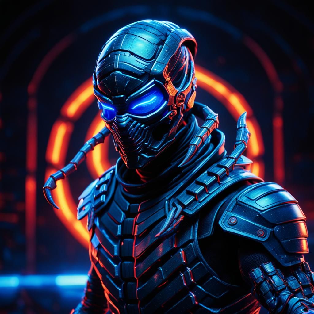 Glowing Hologram of Scorpion in Neon-Lit Arena