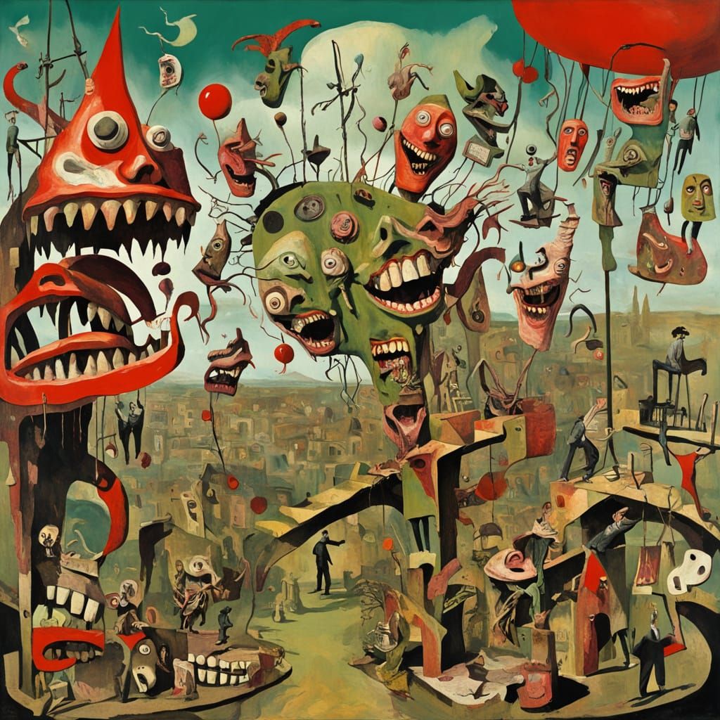 Grotesque Carnival of Twisted Figures in Dada Style