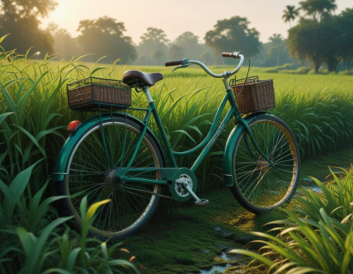 Wes Anderson Style Bicycle in Vibrant Paddy Field