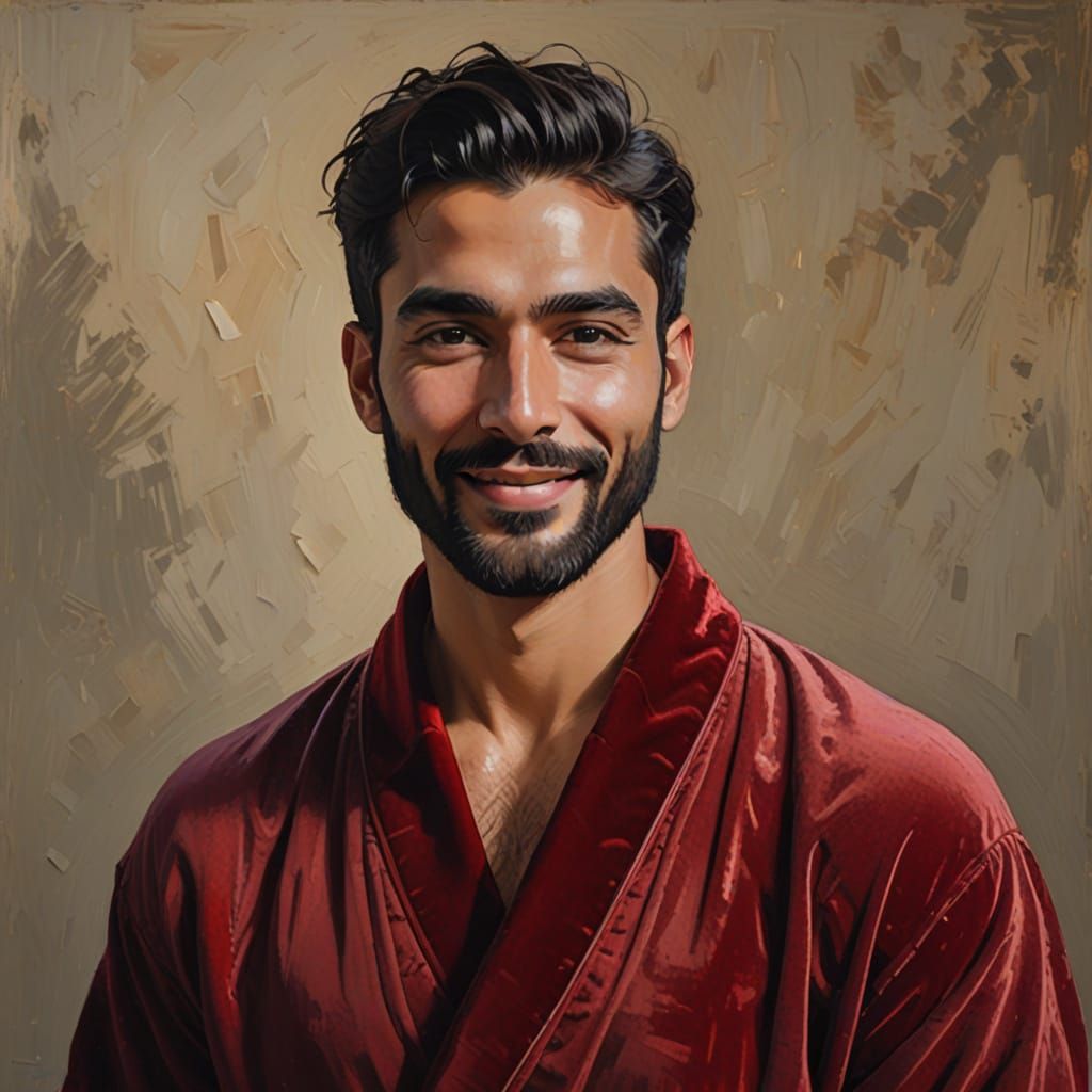 Smiling Man in Red Velvet Robe as Impasto Painting