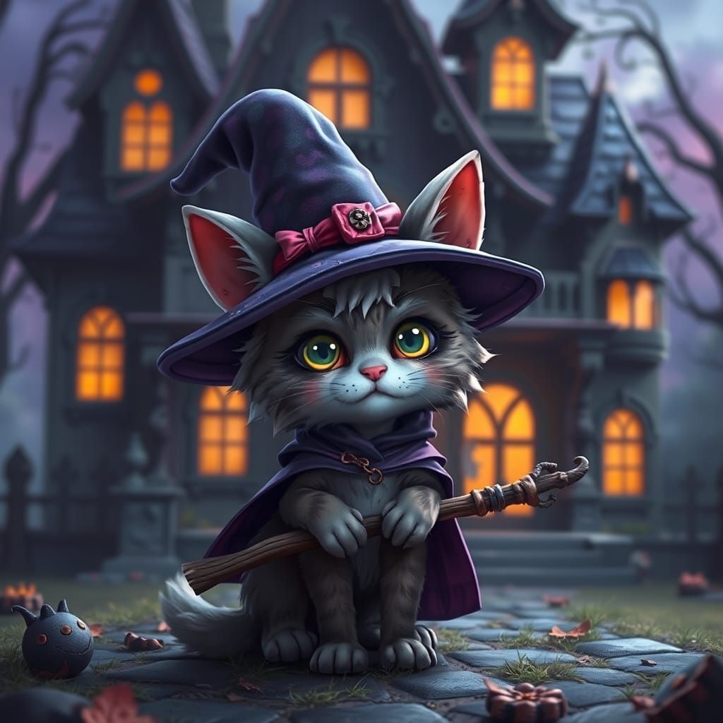 Chibi Witch Cat in Front of Haunted House