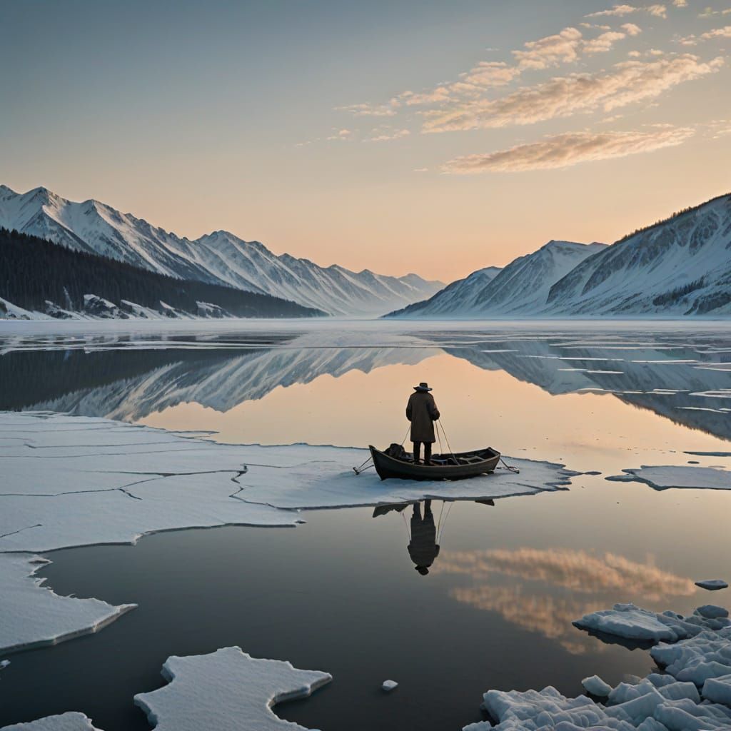 Surreal Winter Fisherman in a Dreamlike Landscape